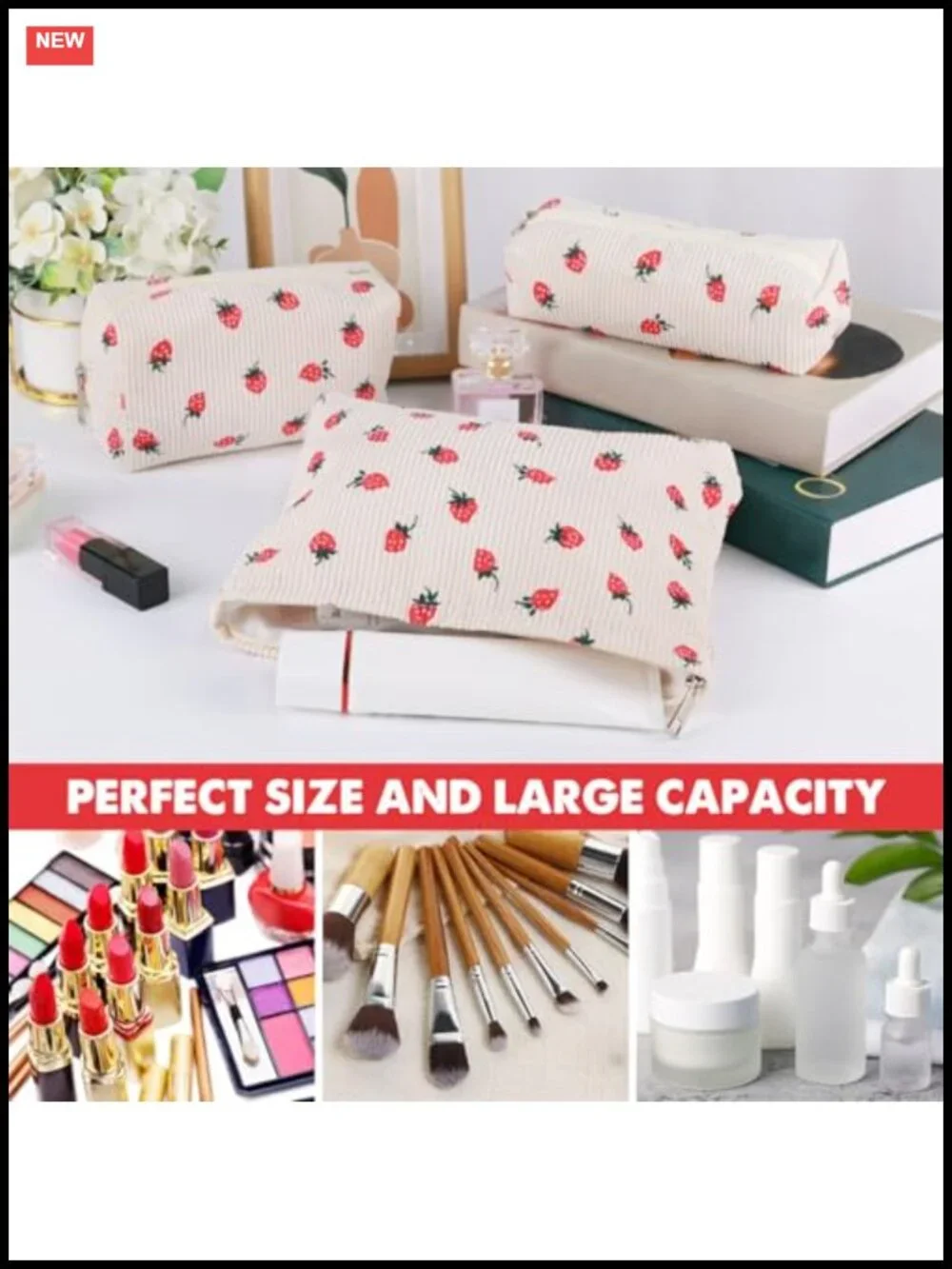 3 Piece Makeup Bag Set with Zipper, Canvas Cosmetic Organizer for Travel